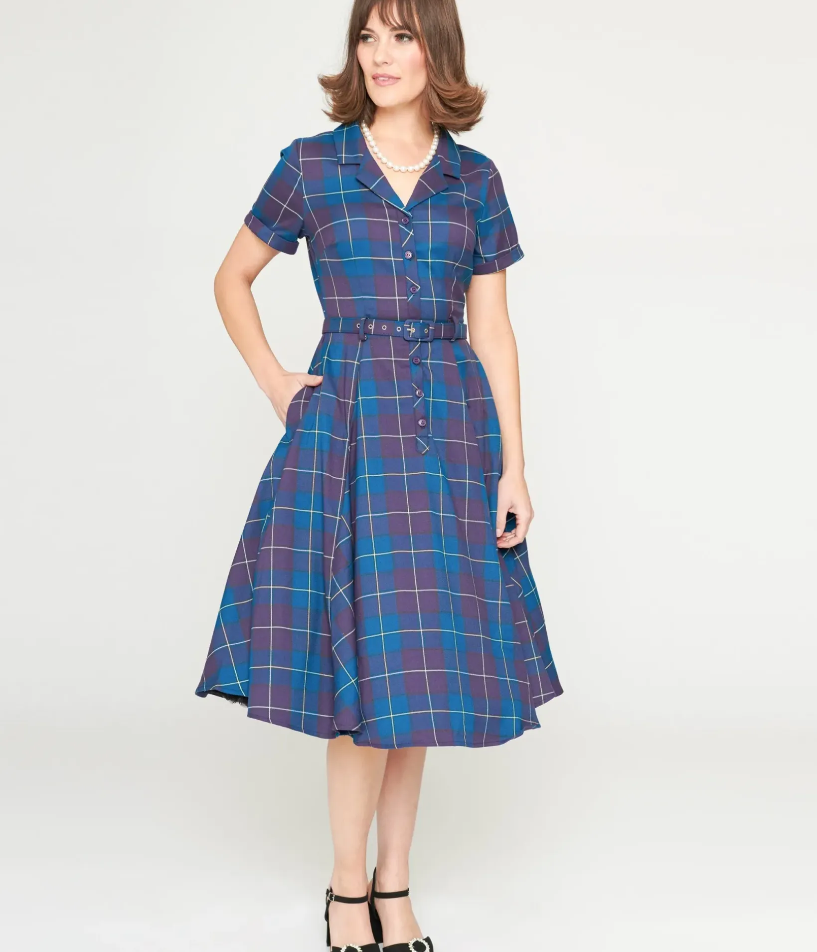 Unique Vintage Swing|Pocket Dresses>Collectif Teal & Purple Checkered Caterina Swing Dress