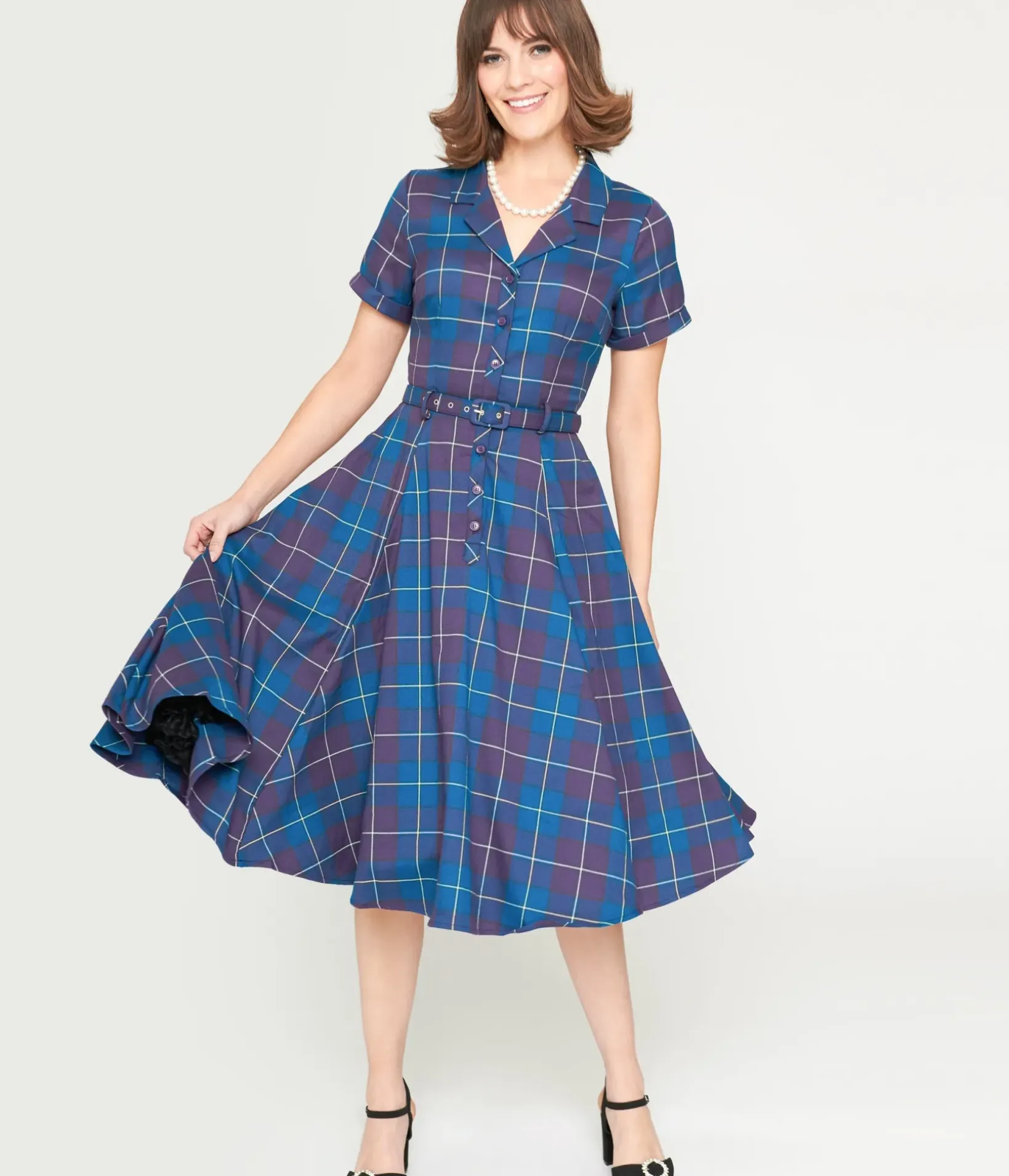 Unique Vintage Swing|Pocket Dresses>Collectif Teal & Purple Checkered Caterina Swing Dress