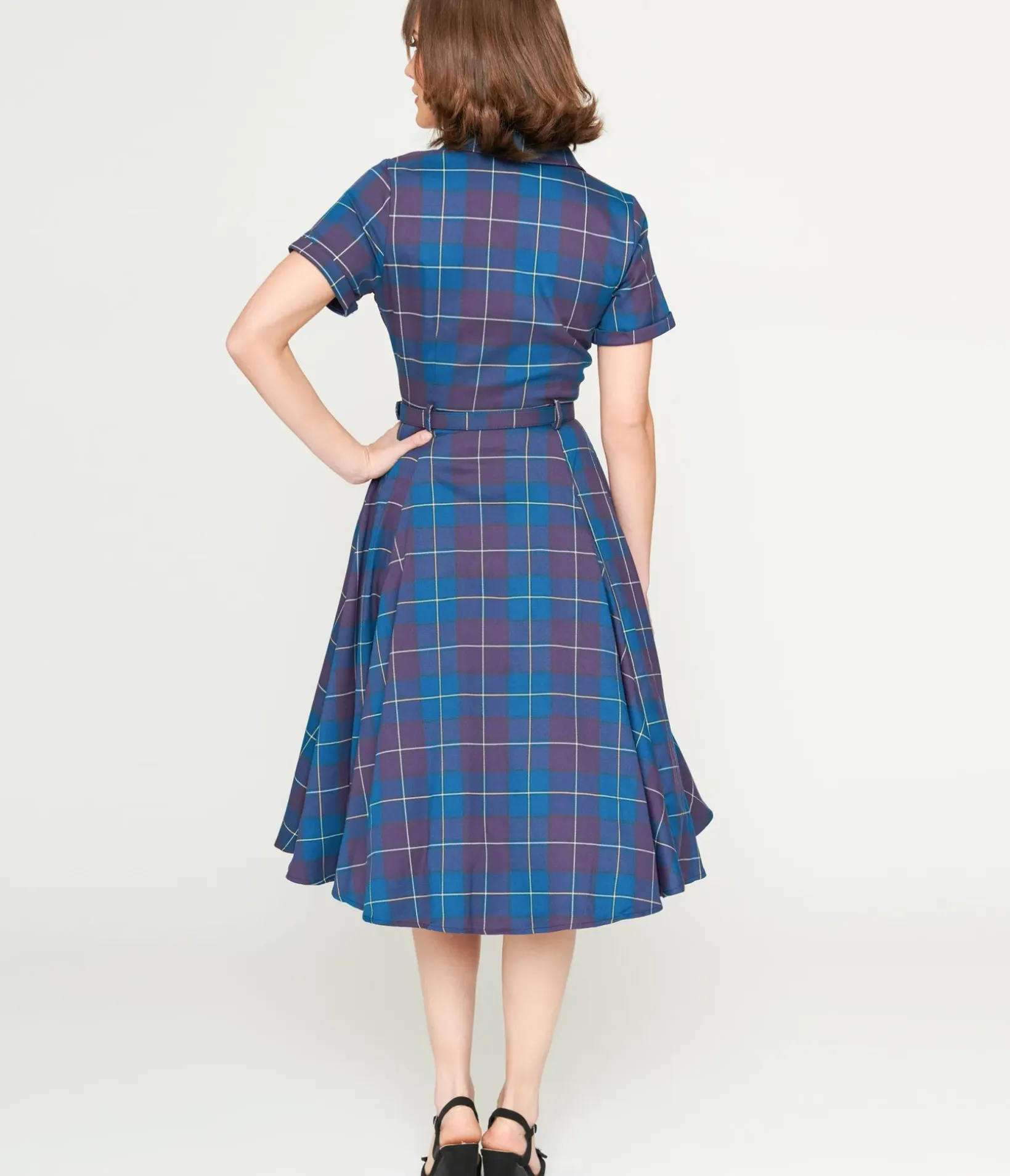 Unique Vintage Swing|Pocket Dresses>Collectif Teal & Purple Checkered Caterina Swing Dress