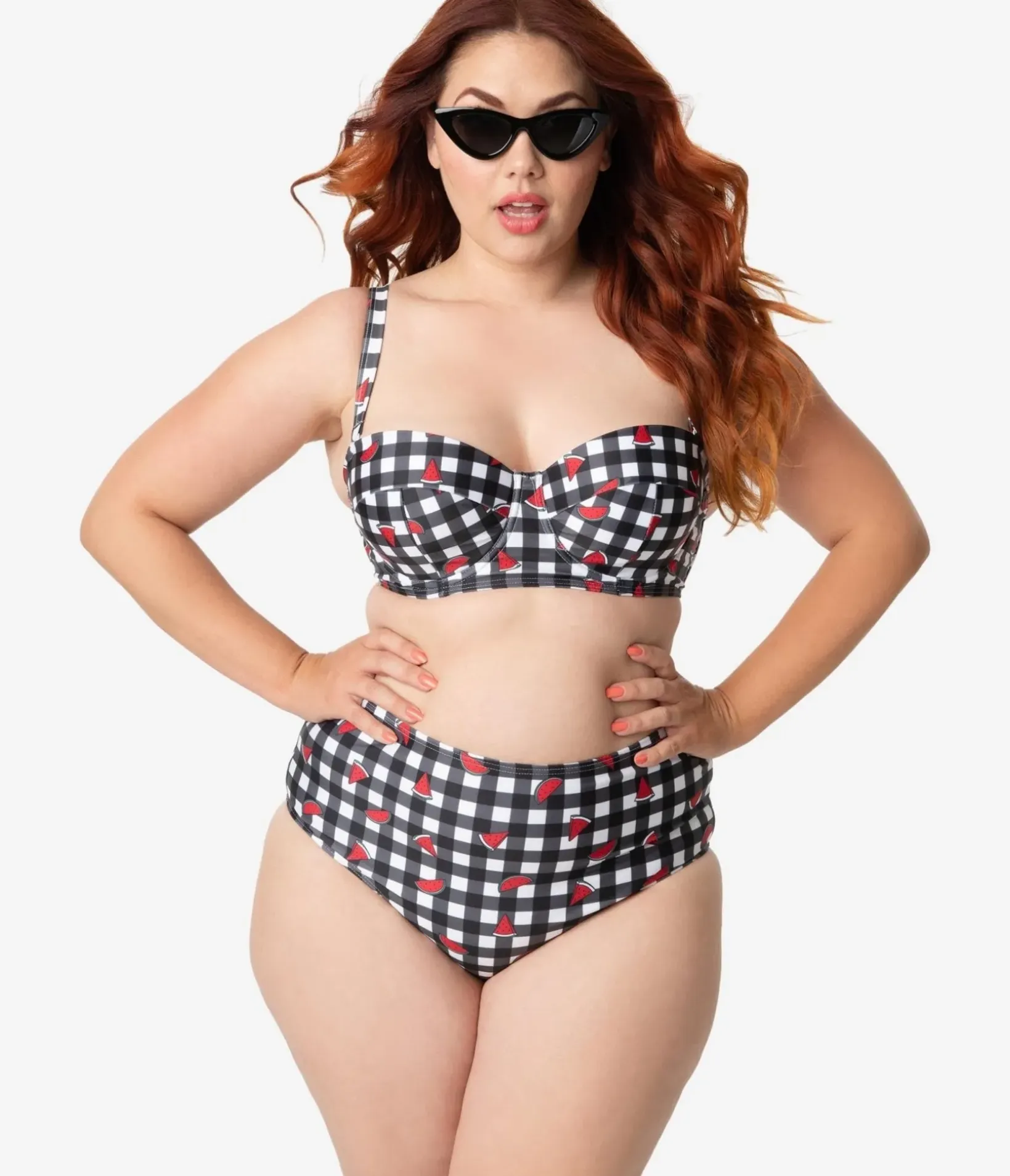Unique Vintage Swim Bottoms|Two Piece Swim>Collectif x Playful Promises Black & White Gingham Watermelon Print Swim Bottoms