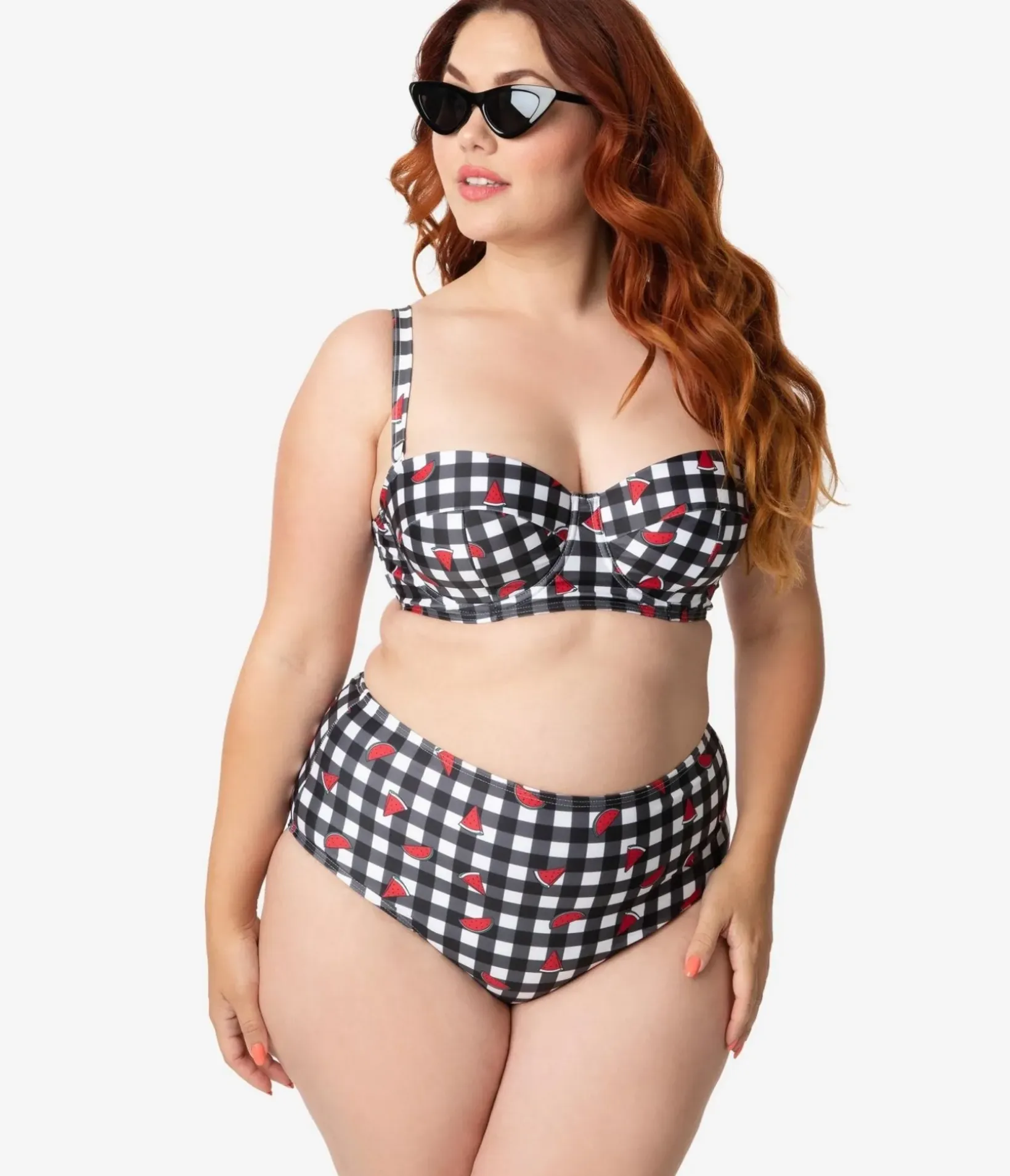 Unique Vintage Swim Bottoms|Two Piece Swim>Collectif x Playful Promises Black & White Gingham Watermelon Print Swim Bottoms