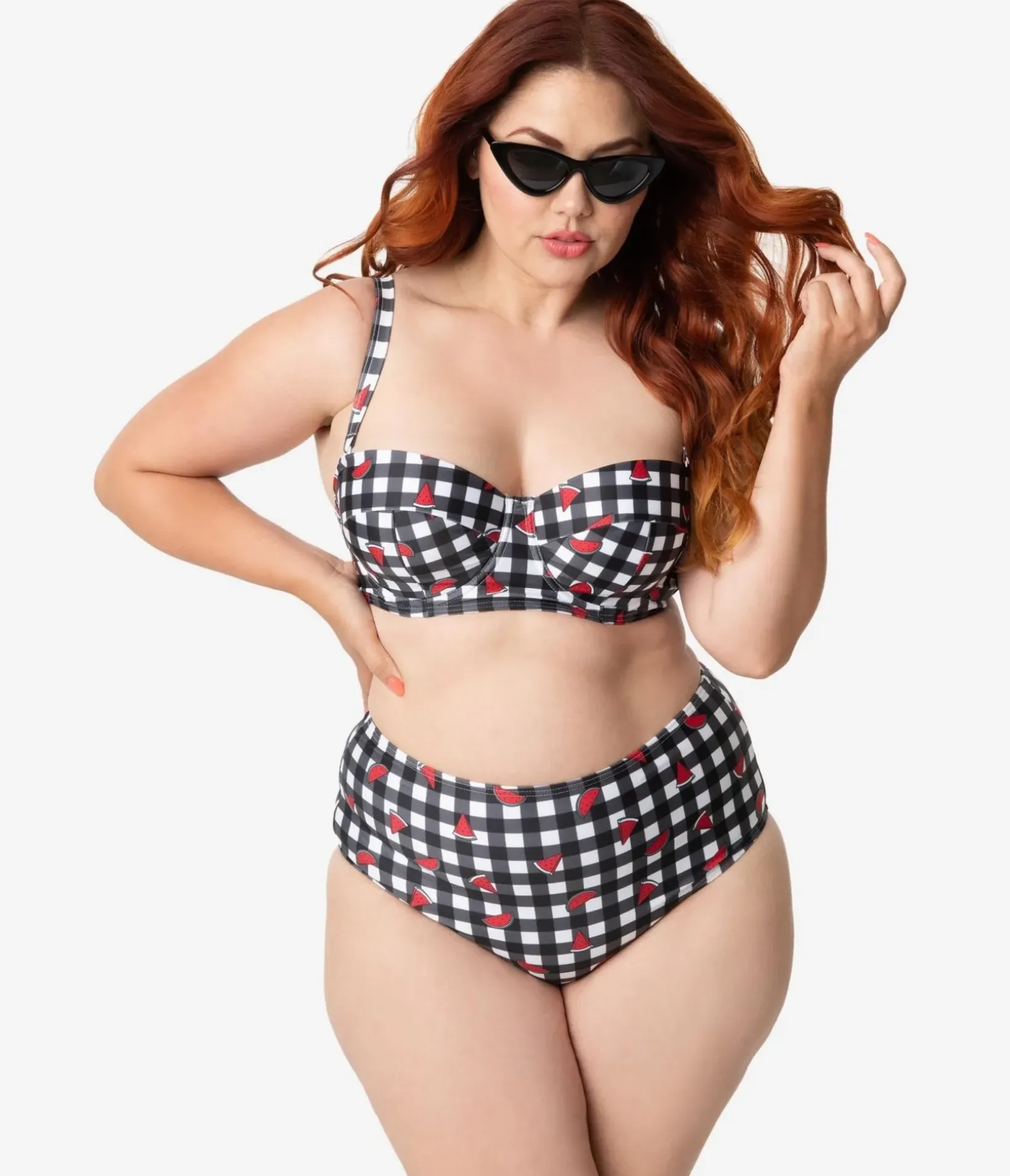 Unique Vintage Swim Bottoms|Two Piece Swim>Collectif x Playful Promises Black & White Gingham Watermelon Print Swim Bottoms