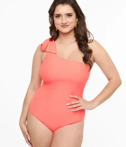 Unique Vintage One Piece Swim>Coral One Shoulder One Piece Swimsuit