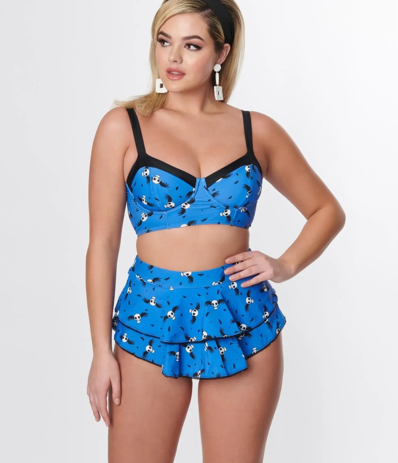 Unique Vintage Swim Bottoms|Two Piece Swim>Corpse Bride x Blue & Flying Skulls Ruffle Swim Bottom