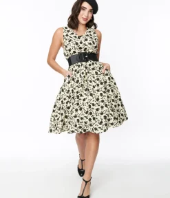 Unique Vintage Swing|Pocket Dresses>Cream & Black Floral Swing Dress