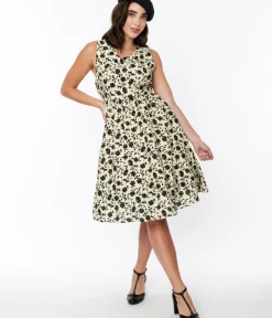 Unique Vintage Swing|Pocket Dresses>Cream & Black Floral Swing Dress