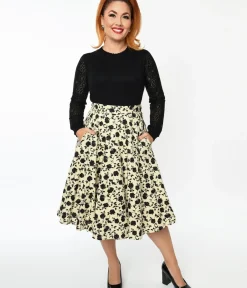 Unique Vintage Skirts>Cream & Black Floral Swing Skirt