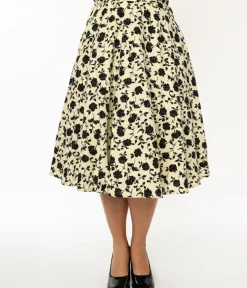 Unique Vintage Skirts>Cream & Black Floral Swing Skirt