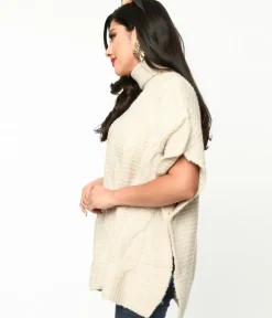 Unique Vintage Sweaters & Cardigans|Work Wear>Cream Cable Knit Turtle Neck Sweater
