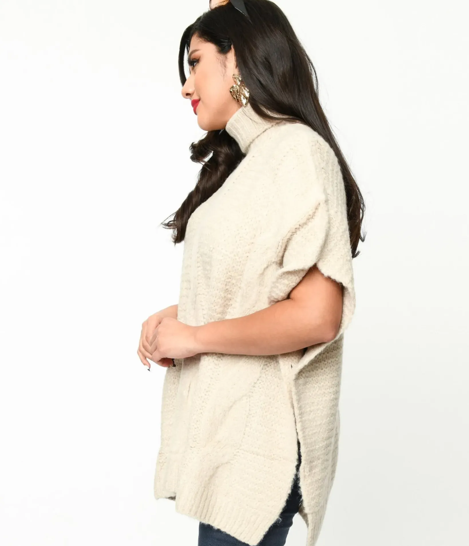 Unique Vintage Sweaters & Cardigans|Work Wear>Cream Cable Knit Turtle Neck Sweater