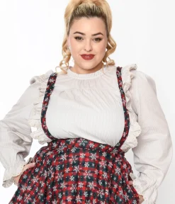 Unique Vintage Work Wear>Cream Striped Scallop Ruffle Blouse