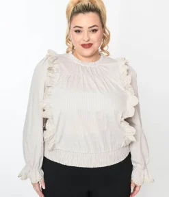 Unique Vintage Work Wear>Cream Striped Scallop Ruffle Blouse