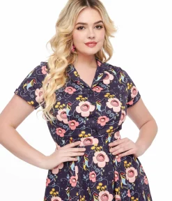 Unique Vintage Blouses|Halloween>Dark Blue Carnivorous Plants Print Collared Top