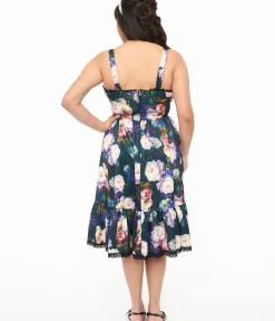 Unique Vintage Swing|Pocket Dresses>Dark Green Floral Heidi Swing Dress