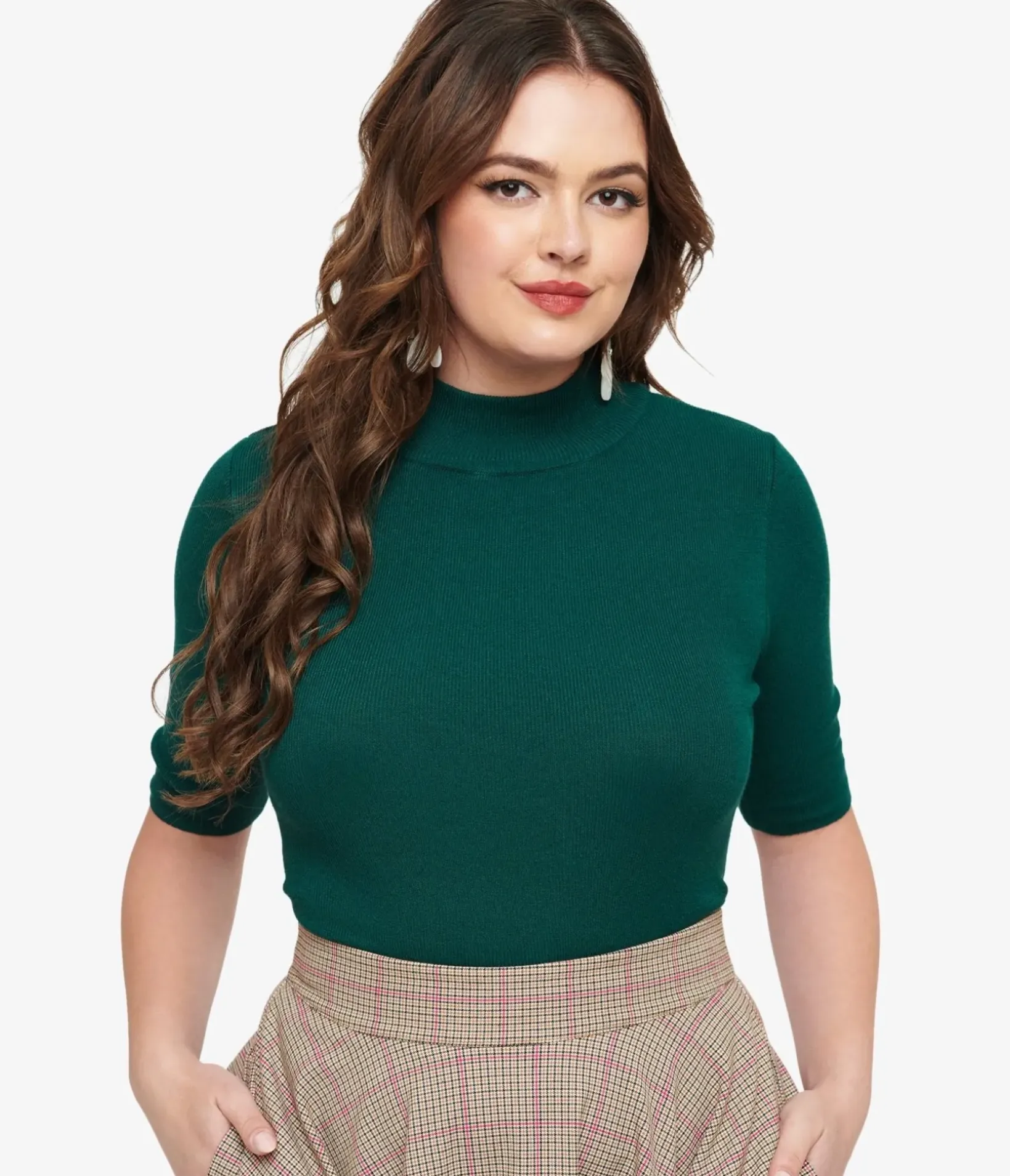 Unique Vintage Work Wear>Dark Green Mock Neck Knit Top