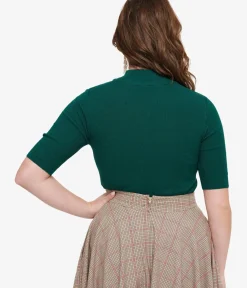 Unique Vintage Work Wear>Dark Green Mock Neck Knit Top