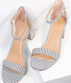 Unique Vintage Heels|Sandals>Dark Navy & White Stripe Textile Heel Sandals