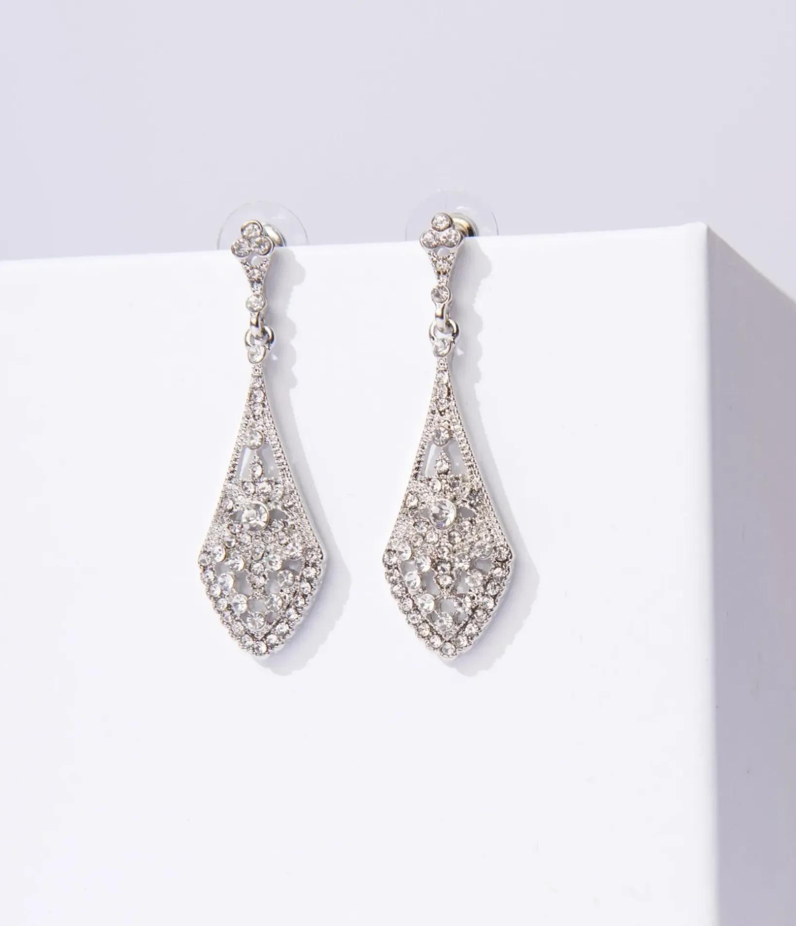 Unique Vintage Special Occasion|Prom Accessories>Deco Silver Rhinestone Chandelier Drop Earrings