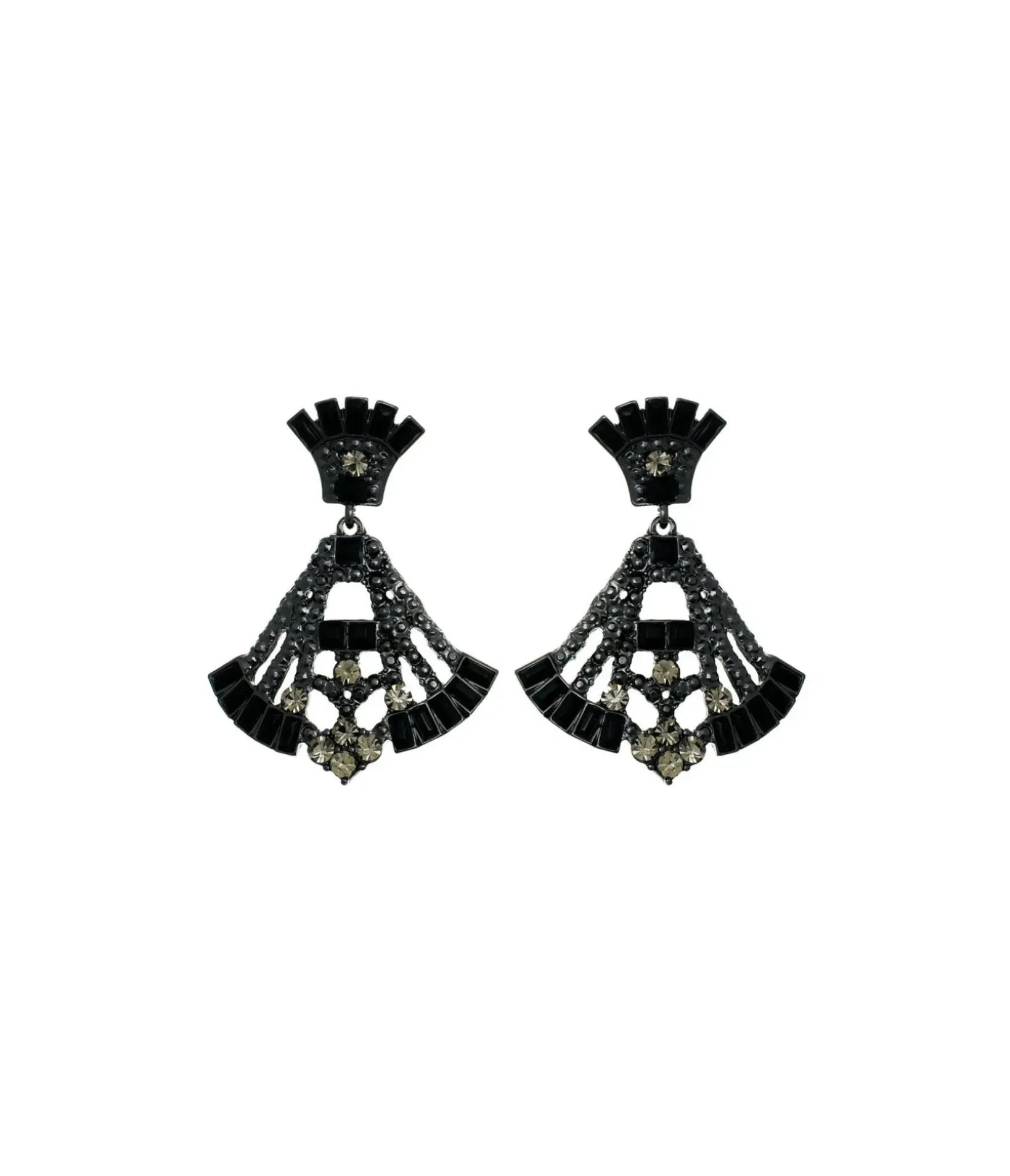 Unique Vintage Special Occasion|Prom Accessories>Deco Style Black Rhinestone Drop Fan Earrings