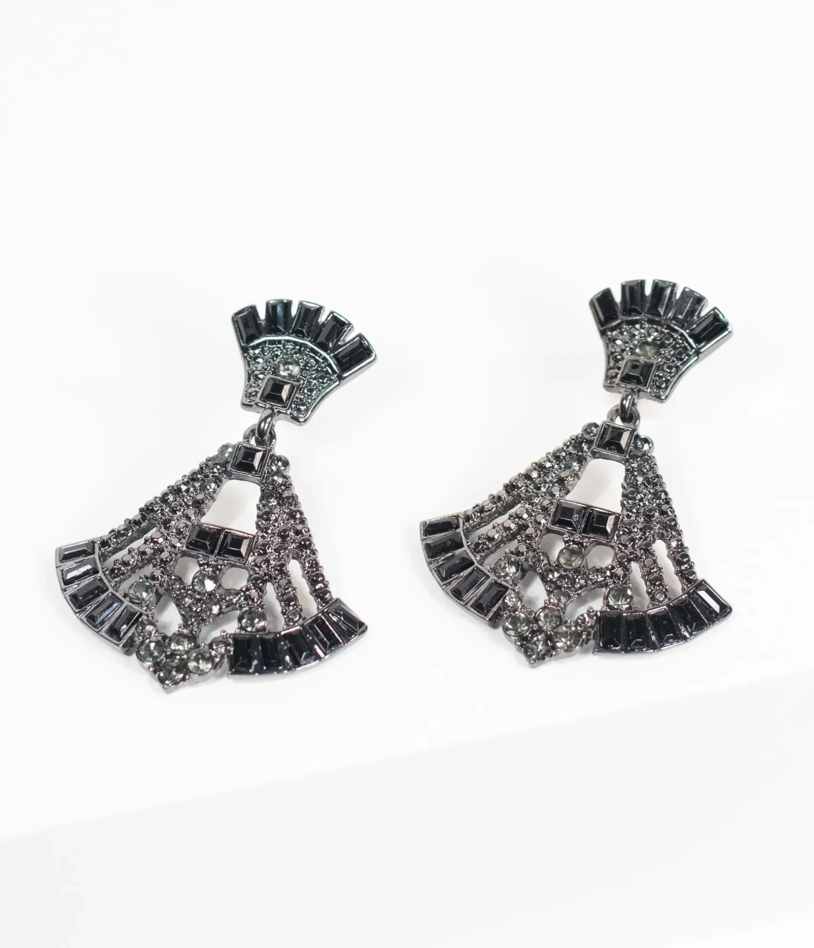 Unique Vintage Special Occasion|Prom Accessories>Deco Style Black Rhinestone Drop Fan Earrings