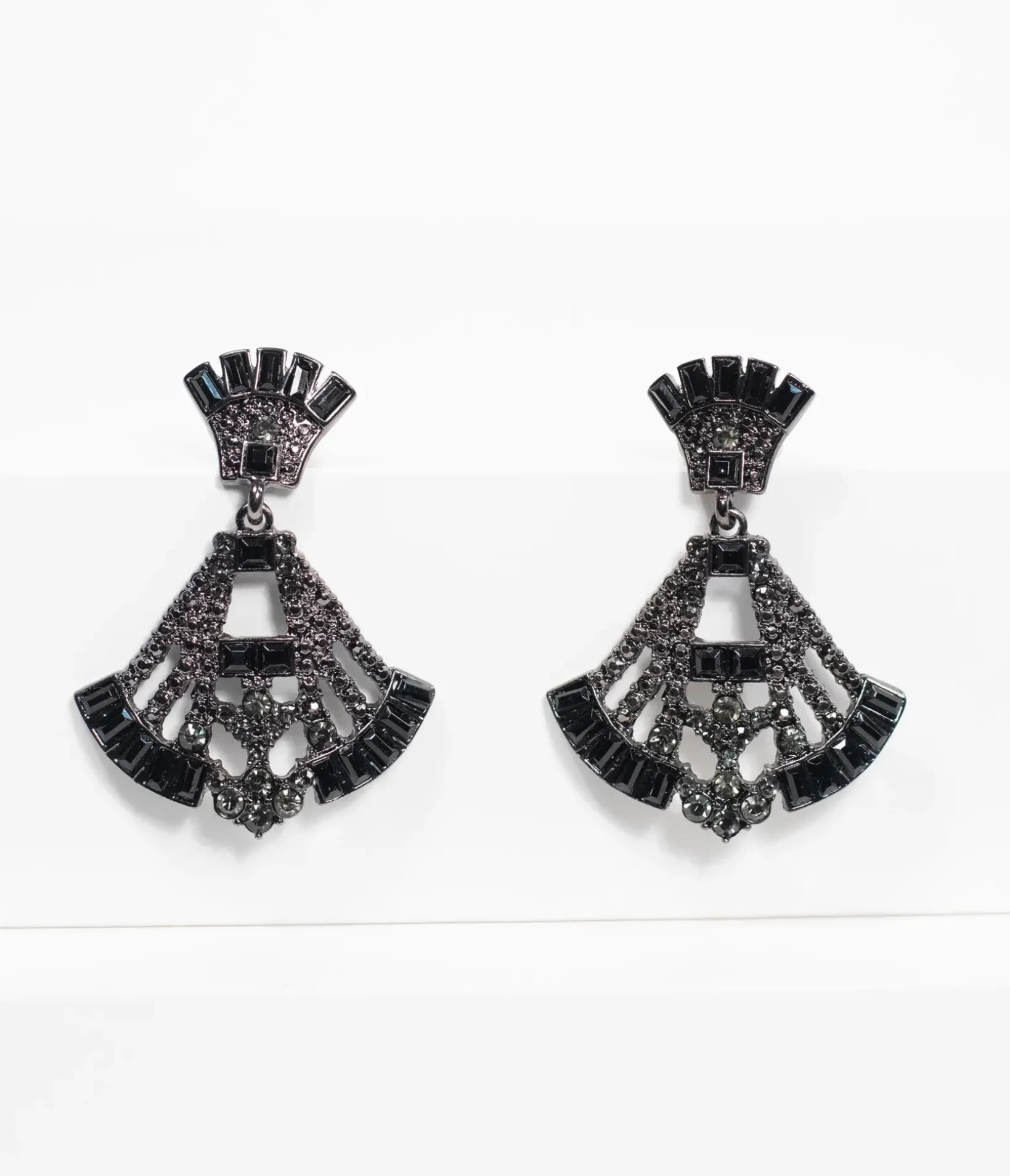 Unique Vintage Special Occasion|Prom Accessories>Deco Style Black Rhinestone Drop Fan Earrings
