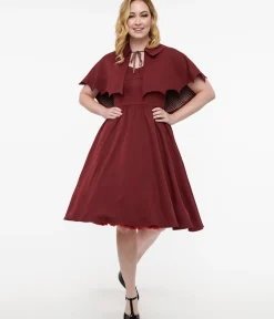 Unique Vintage Swing|Everyday Dresses>Disney Hocus Pocus Collection by Burgundy & Grey Plaid Hocus Pocus Capelet Swing Dress