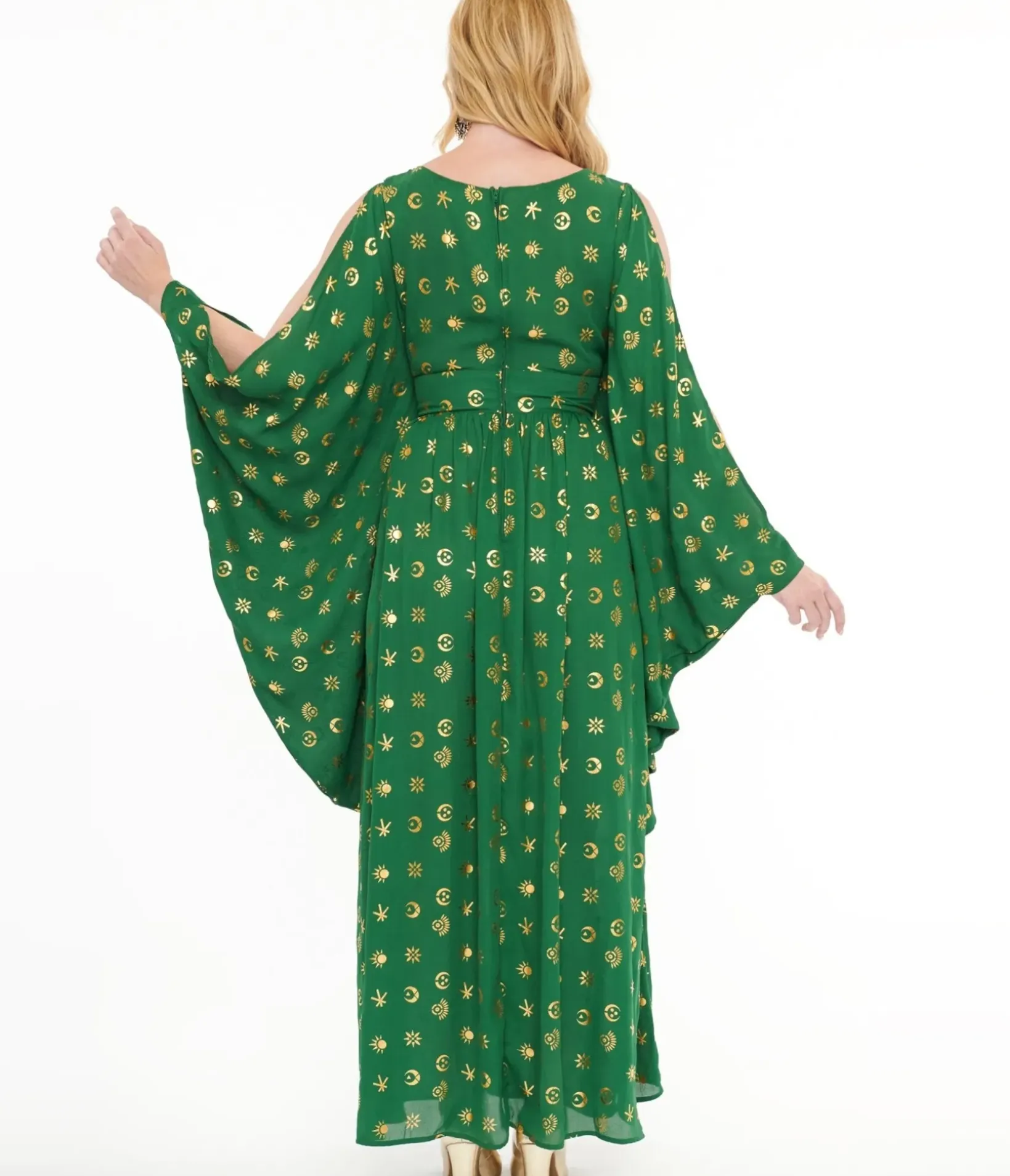 Unique Vintage Maxi|Caftans>Disney Hocus Pocus Collection by Green & Gold Moon Print Caftan