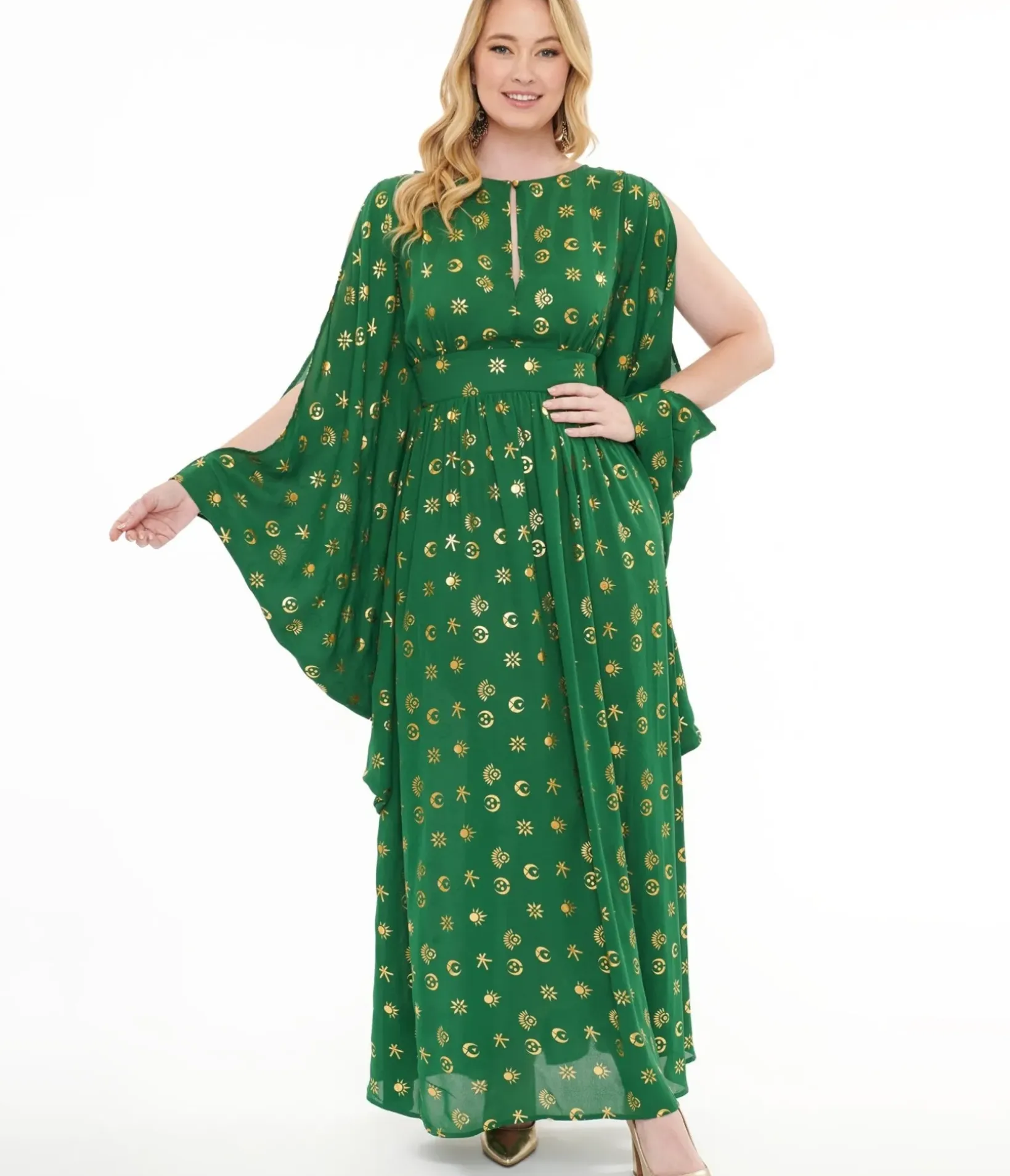 Unique Vintage Maxi|Caftans>Disney Hocus Pocus Collection by Green & Gold Moon Print Caftan