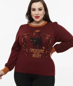 Unique Vintage Sweaters & Cardigans|Sweaters & Cardigans>Disney Hocus Pocus Collection by Plus Size Burgundy Binx Hocus Pocus Embroidered Sweater