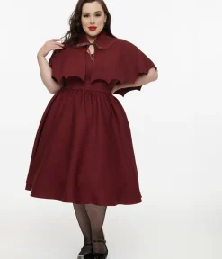 Unique Vintage Swing|Swing>Disney Hocus Pocus Collection by Plus Size Burgundy & Grey Plaid Hocus Pocus Capelet Swing Dress