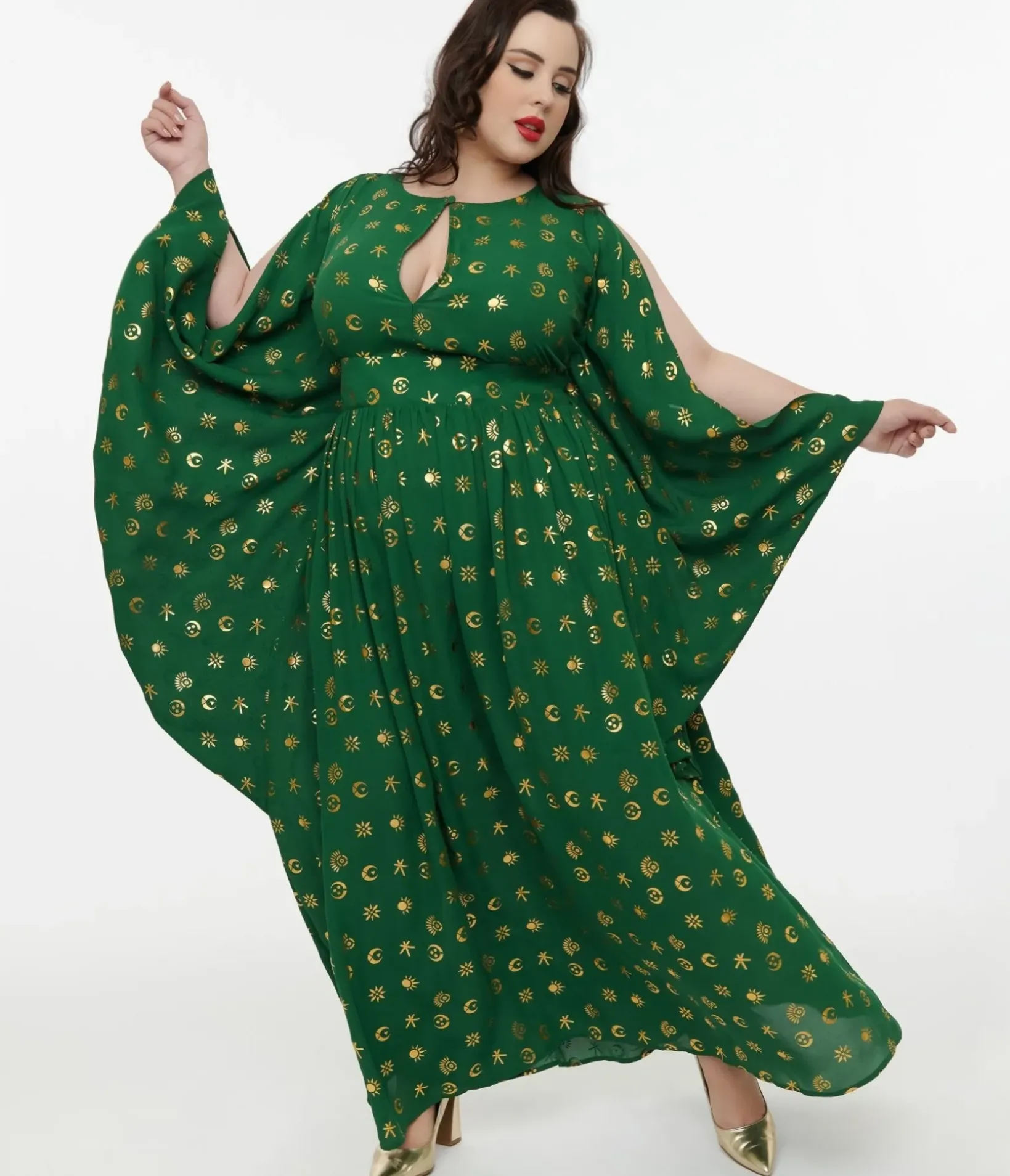 Unique Vintage Maxi|Caftans>Disney Hocus Pocus Collection by Plus Size Green & Gold Moon Print Caftan