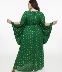 Unique Vintage Maxi|Caftans>Disney Hocus Pocus Collection by Plus Size Green & Gold Moon Print Caftan