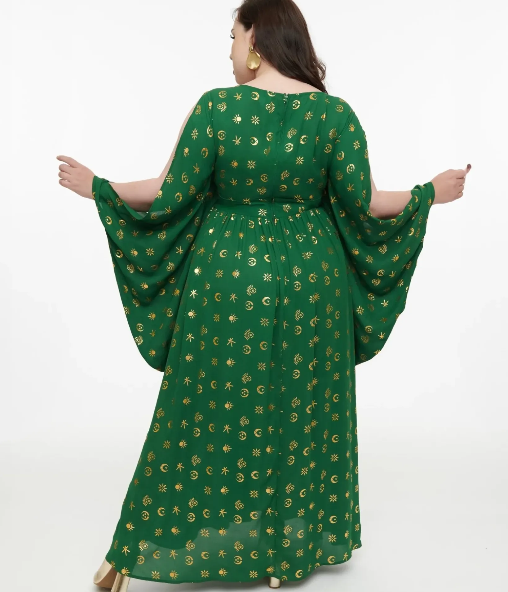 Unique Vintage Maxi|Caftans>Disney Hocus Pocus Collection by Plus Size Green & Gold Moon Print Caftan