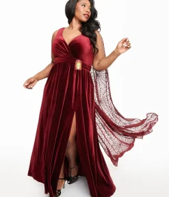 Unique Vintage Maxi|Midi & Maxi>Disney Hocus Pocus Collection by Plus Size Hocus Pocus Burgundy Velvet & Spiderweb Sequin Cape Gown