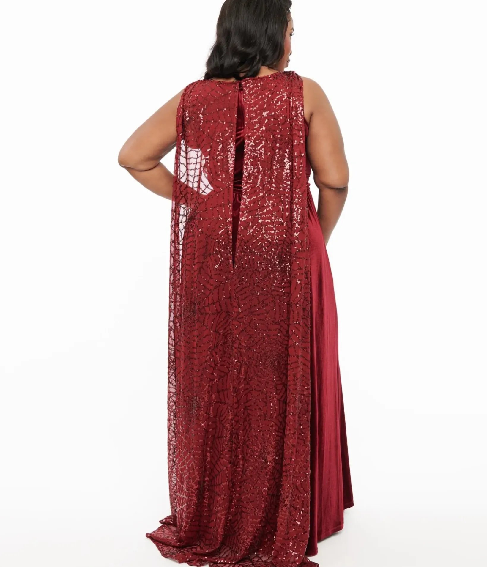 Unique Vintage Maxi|Midi & Maxi>Disney Hocus Pocus Collection by Plus Size Hocus Pocus Burgundy Velvet & Spiderweb Sequin Cape Gown