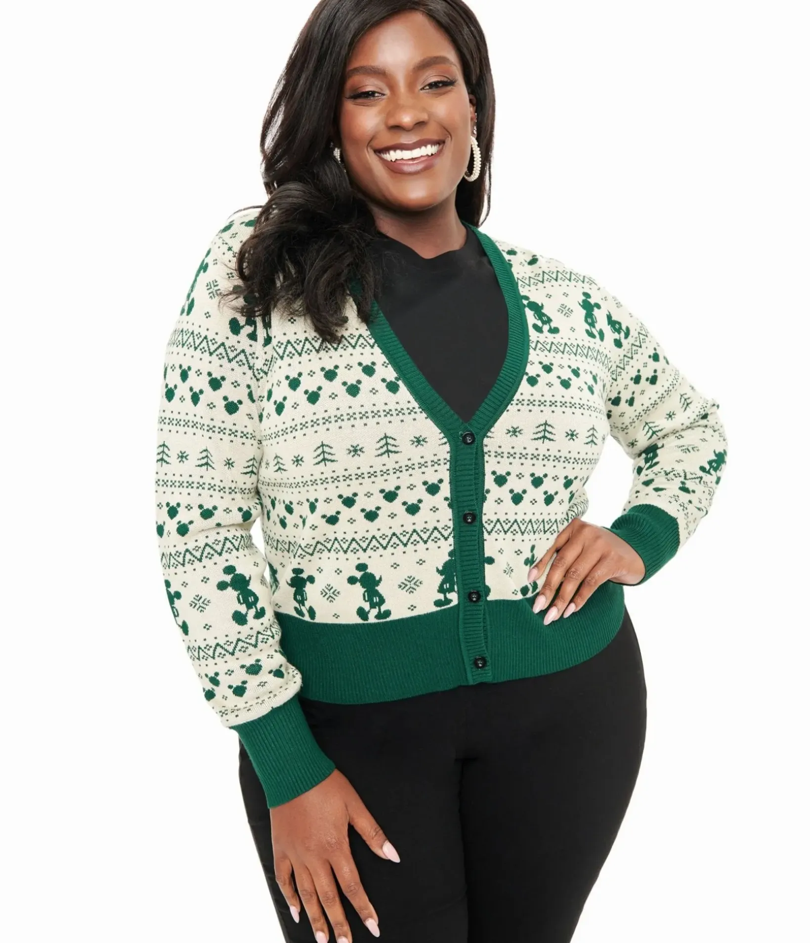 Unique Vintage Sweaters & Cardigans>Disney Holiday Collection by Plus Size Green Mickey Fair Isle Jacquard Sweater Cardigan