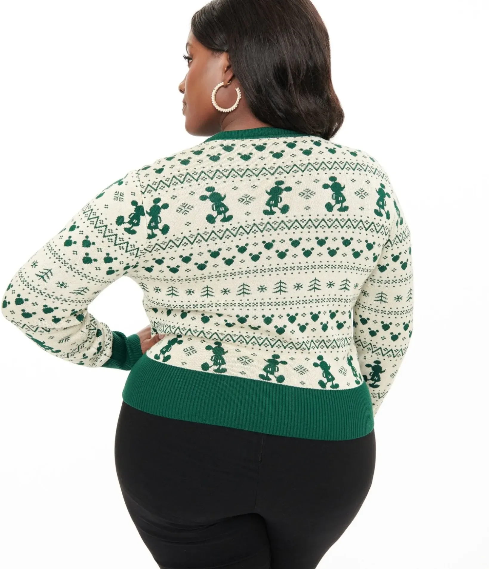 Unique Vintage Sweaters & Cardigans>Disney Holiday Collection by Plus Size Green Mickey Fair Isle Jacquard Sweater Cardigan