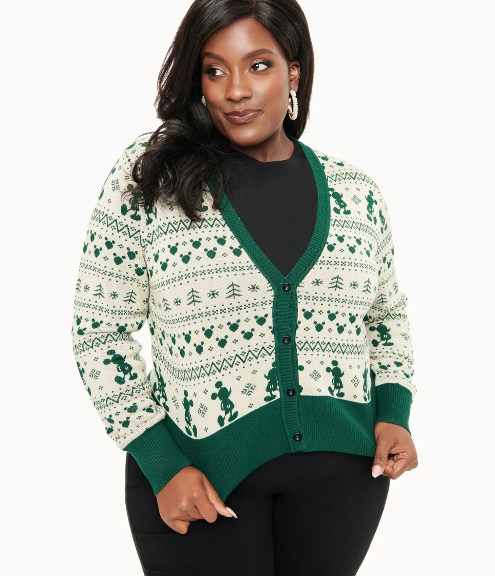 Unique Vintage Sweaters & Cardigans>Disney Holiday Collection by Plus Size Green Mickey Fair Isle Jacquard Sweater Cardigan