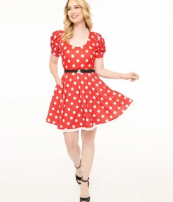 Unique Vintage Fit & Flare|Pocket Dresses>Disney Mickey & Friends Collection by Smak Parlour Red & White Polka Dot Minnie Mouse Flare Dress