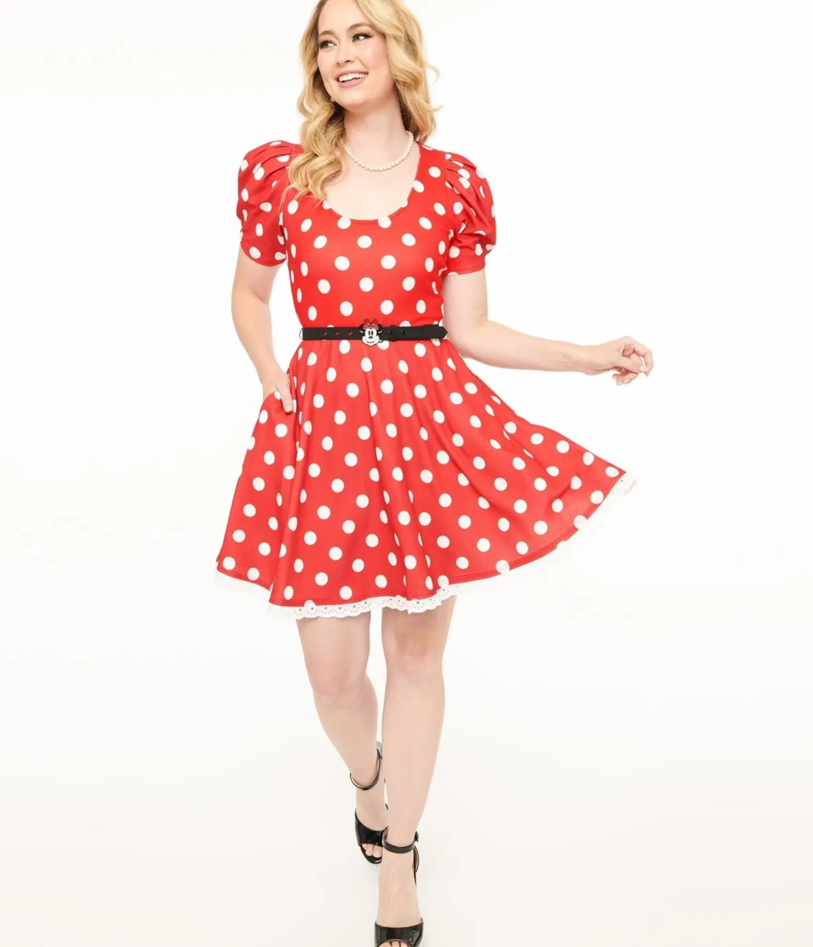 Unique Vintage Fit & Flare|Pocket Dresses>Disney Mickey & Friends Collection by Smak Parlour Red & White Polka Dot Minnie Mouse Flare Dress