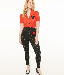 Unique Vintage Pants>Disney Mickey & Friends Collection by Black & White Pin Dot Mickey & Minnie Mouse Pocket Rizzo Cigarette Pants