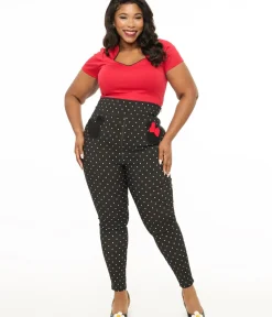 Unique Vintage Pants|Pants>Disney Mickey & Friends Collection by Plus Size Black & White Pin Dot Mickey & Minnie Mouse Pocket Rizzo Cigarette Pants