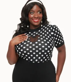 Unique Vintage Sweaters & Cardigans|Sweaters & Cardigans>Disney Mickey & Friends Collection by Plus Size Black & White Polka Dot Mickey Mouse Cutout Sweater
