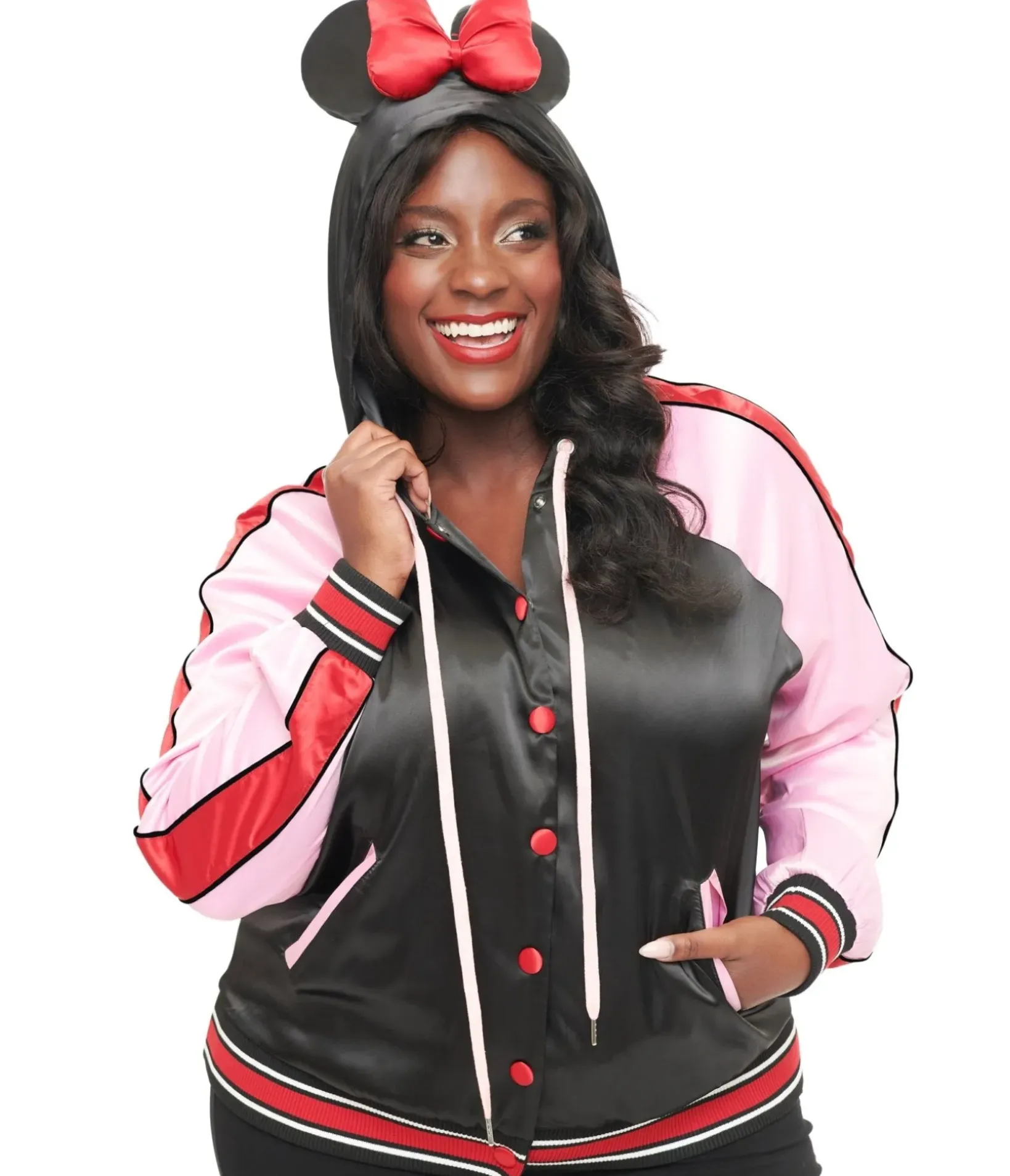 Unique Vintage Coats & Jackets|All Things Black>Disney Mickey & Friends Collection by Plus Size Minnie Mouse Hooded Satin Bomber Jacket