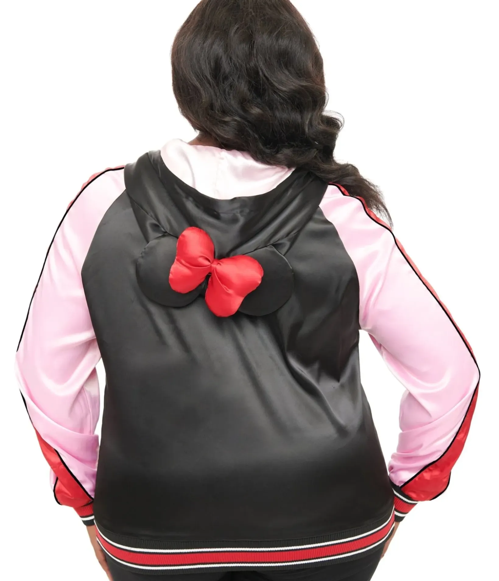 Unique Vintage Coats & Jackets|All Things Black>Disney Mickey & Friends Collection by Plus Size Minnie Mouse Hooded Satin Bomber Jacket