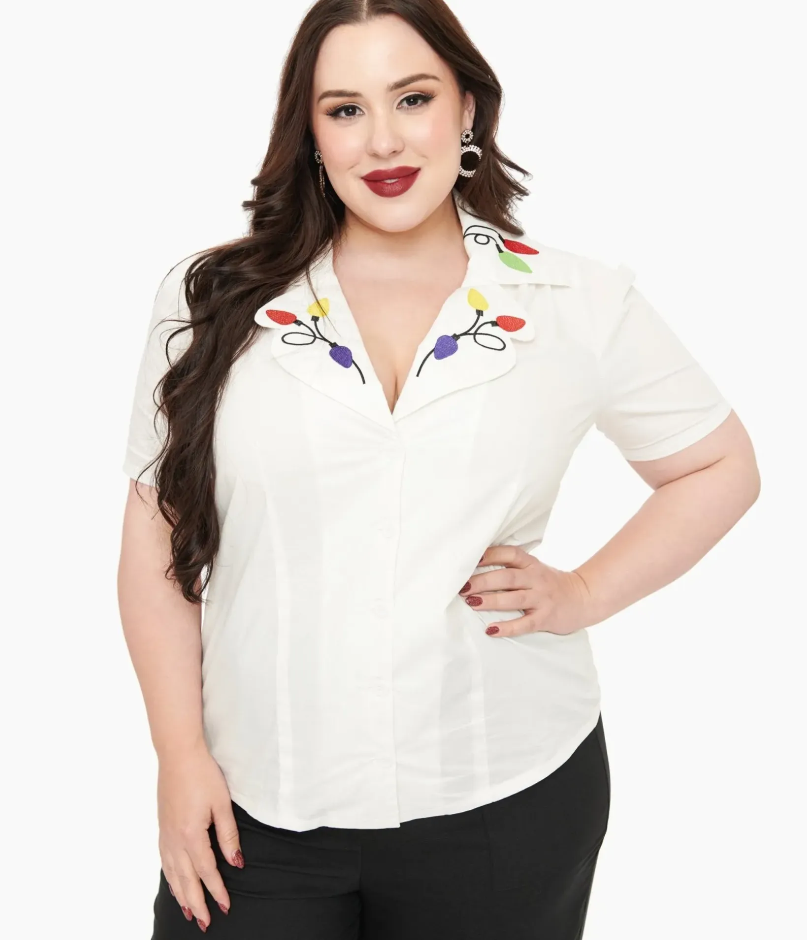 Unique Vintage Blouses|Blouses>Disney Mickey & Friends Collection by Plus Size Red Pin Dot Mickey Mouse Silhouette Cotton Blouse