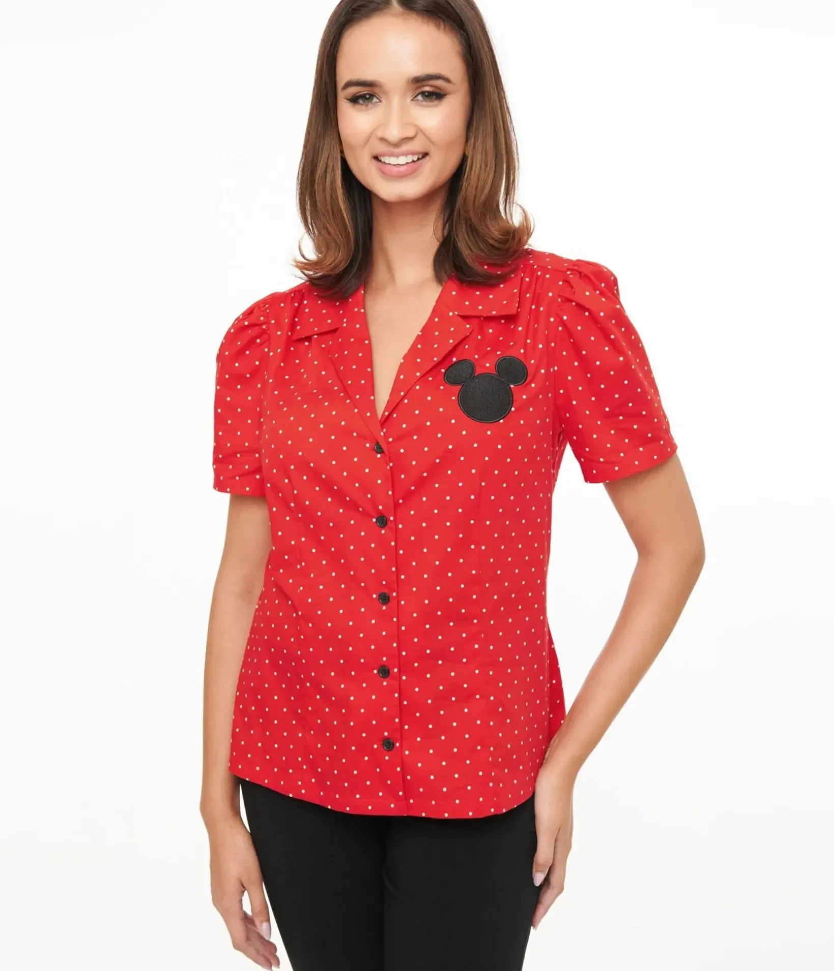Unique Vintage Blouses|All Things Red>Disney Mickey & Friends Collection by Red Pin Dot Mickey Mouse Silhouette Cotton Blouse
