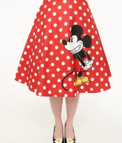 Unique Vintage Skirts|All Things Red>Disney Mickey & Friends Collection by Red & White Polka Dot Mickey Mouse Vivien Swing Skirt
