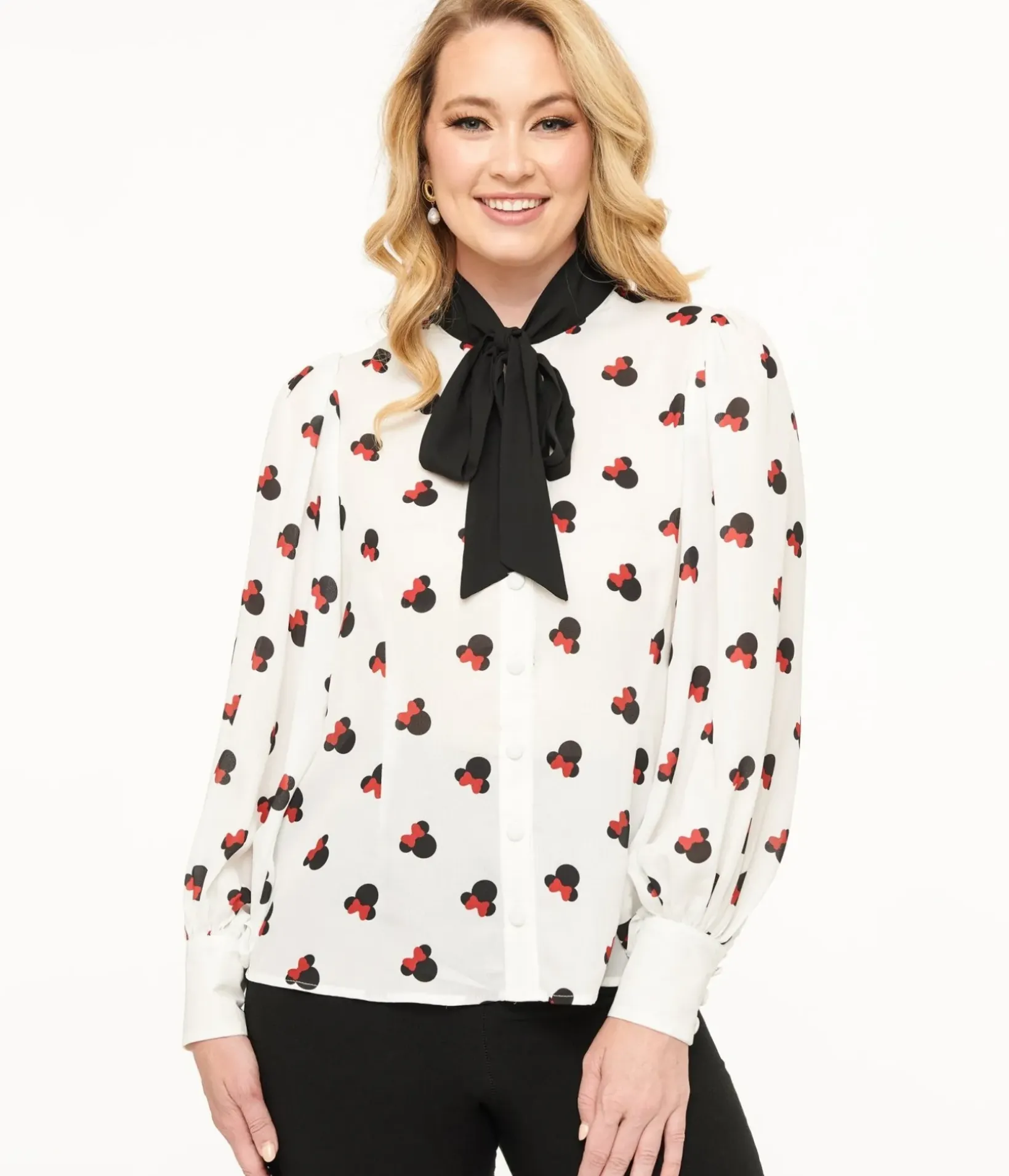 Unique Vintage Blouses|Work Wear>Disney Mickey & Friends Collection by White Minnie Mouse Stamp Print Gwen Blouse