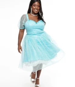 Unique Vintage Swing|Swing>Disney Princess collection by Plus Size Blue Sequin Mesh Short Sleeve Cinderella Dress